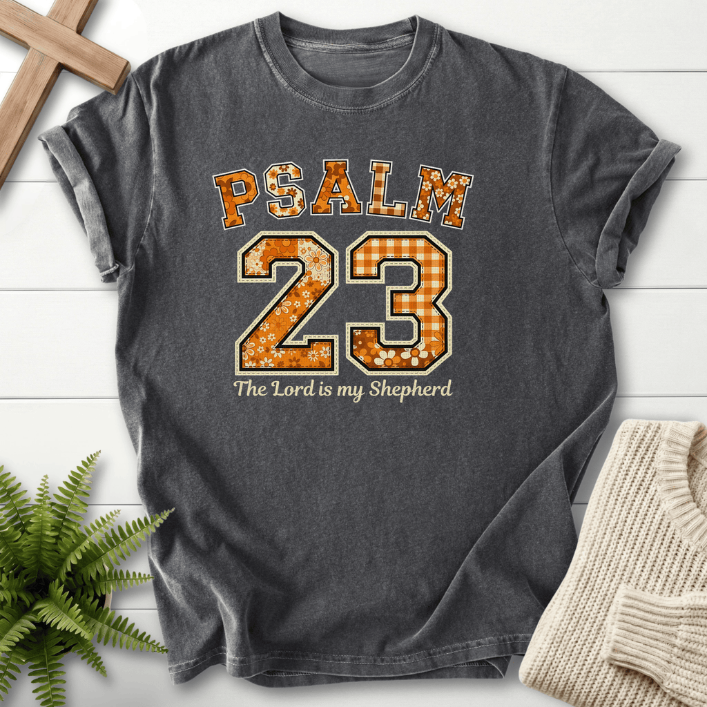 Pepper women's Scripture shirt with patchwork gingham Psalm 23 lettering and "The Lord is my Shepherd," inspired by Psalm 23.