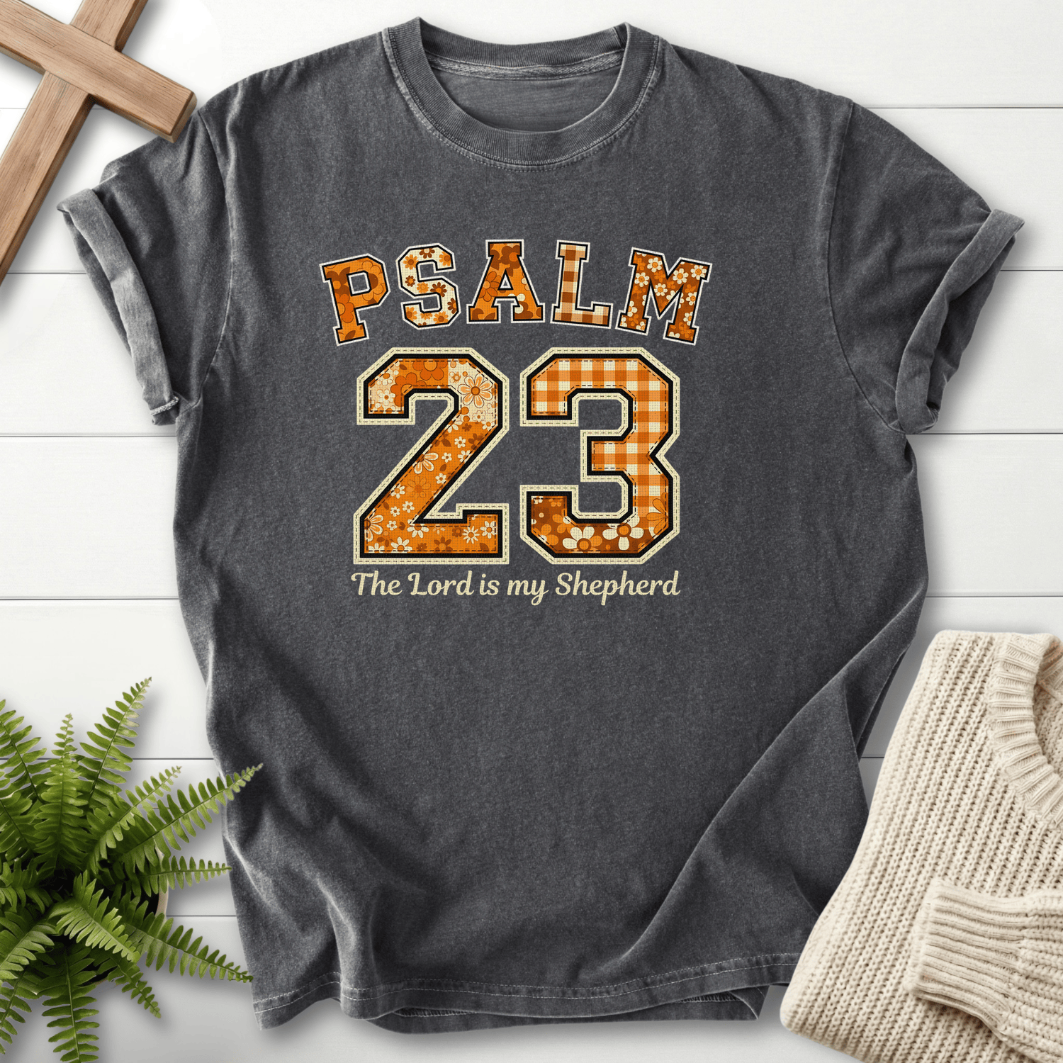 Pepper women's Scripture shirt with patchwork gingham Psalm 23 lettering and "The Lord is my Shepherd," inspired by Psalm 23.