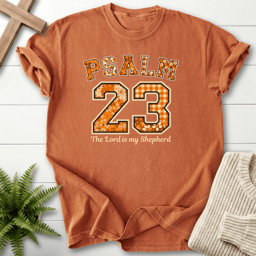 Yam women's faith t-shirt featuring patchwork floral Psalm 23 varsity design, inspired by Psalm 23.