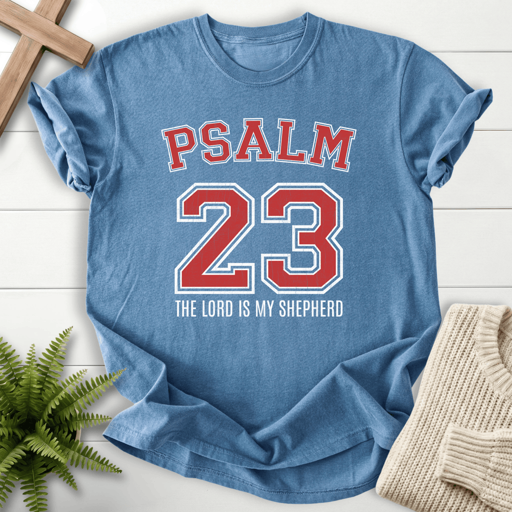 Blue Jean women's Christian t-shirt with bold varsity Psalm 23 lettering, inspired by Psalm 23.