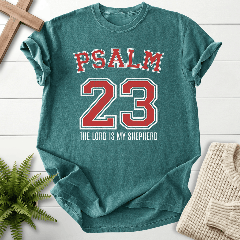Blue Spruce women's Christian t-shirt with bold Psalm 23 varsity text and shepherd verse, inspired by Psalm 23.
