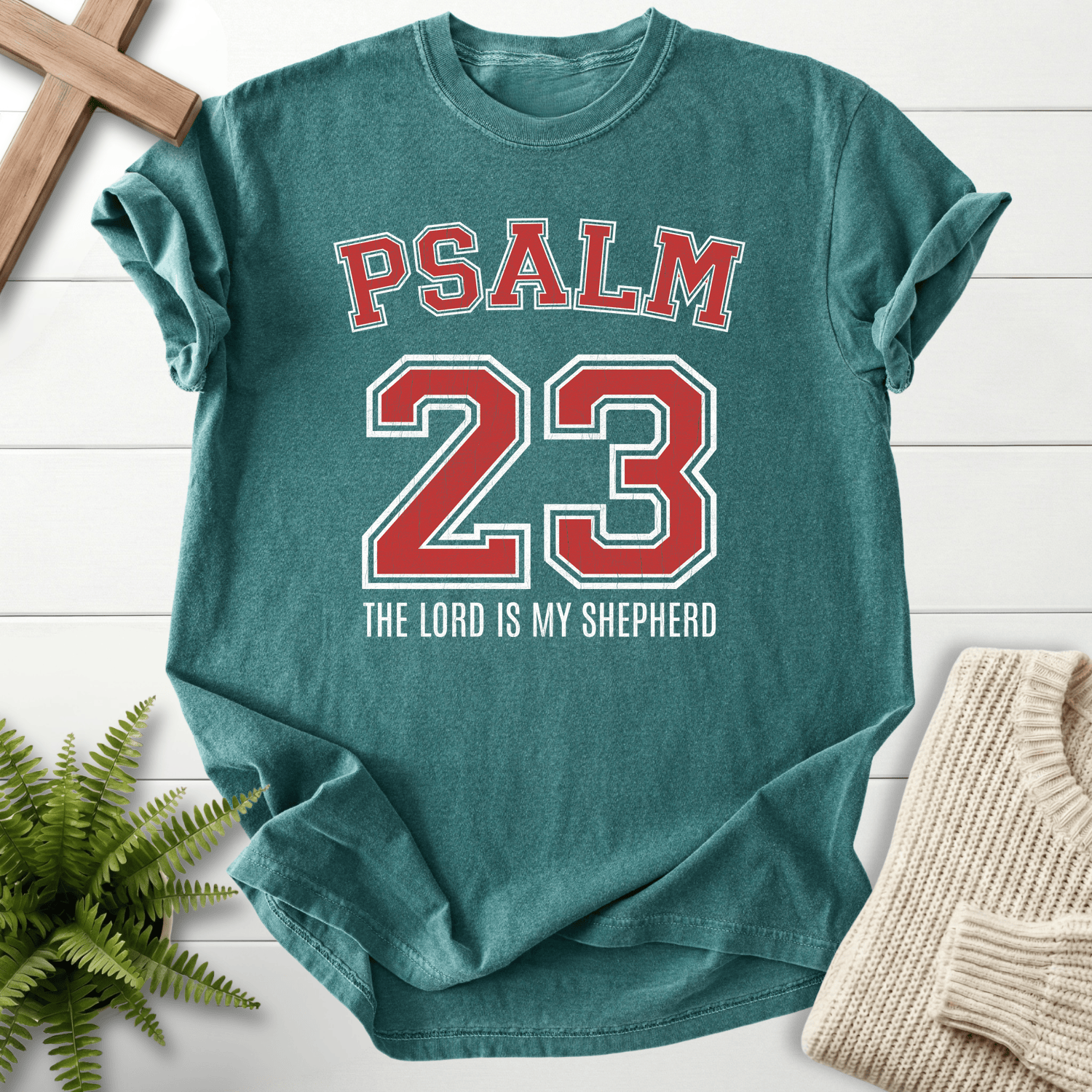 Blue Spruce women's Christian t-shirt with bold Psalm 23 varsity text and shepherd verse, inspired by Psalm 23.