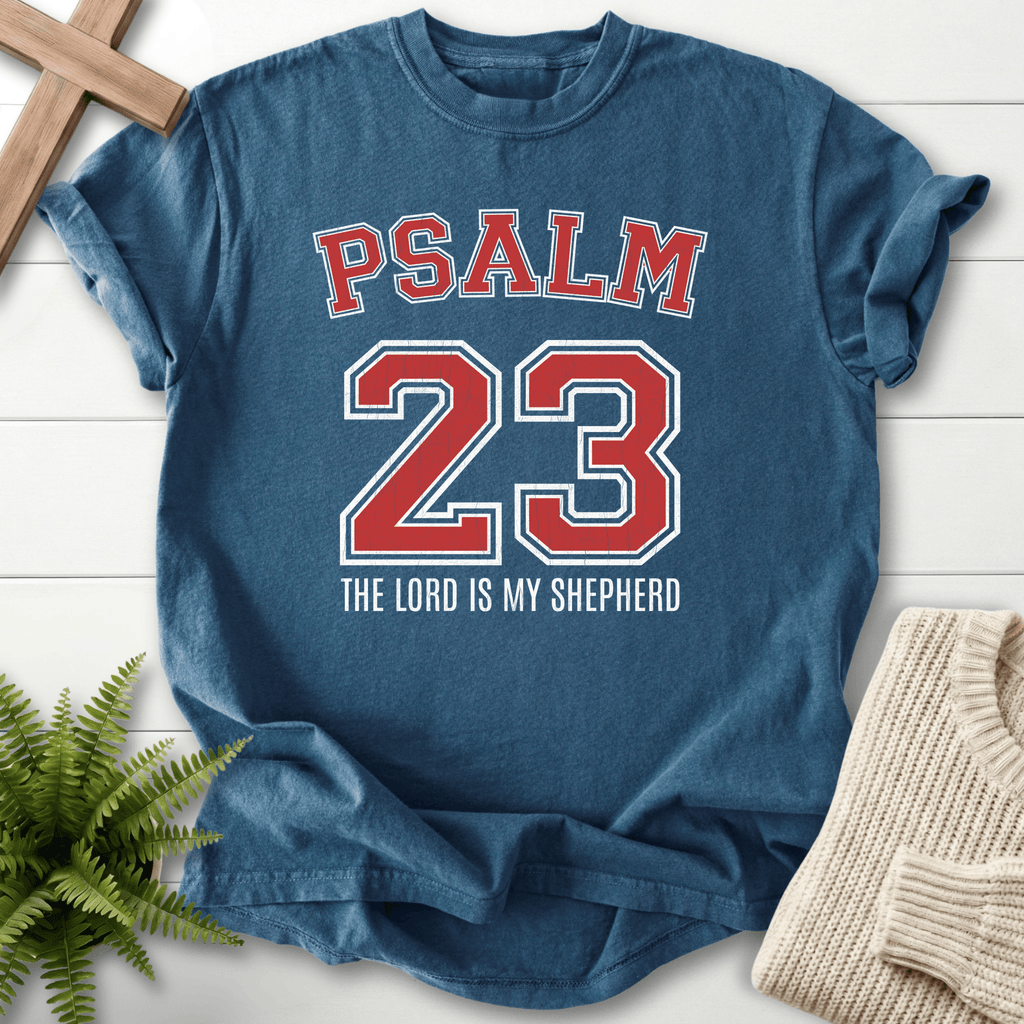 Midnight women's Bible verse tee with varsity Psalm 23 and "The Lord is my Shepherd," inspired by Psalm 23.