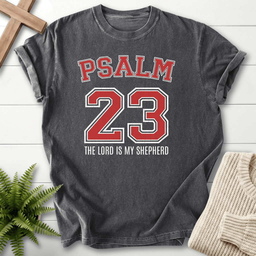 Pepper women's Christian t-shirt with varsity Psalm 23 in red and white and "The Lord is my Shepherd," inspired by Psalm 23.