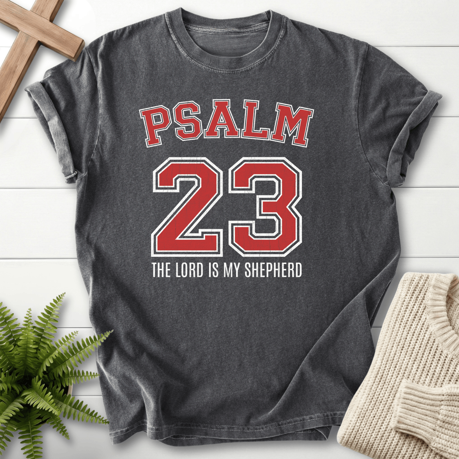 Pepper women's Christian t-shirt with varsity Psalm 23 in red and white and "The Lord is my Shepherd," inspired by Psalm 23.