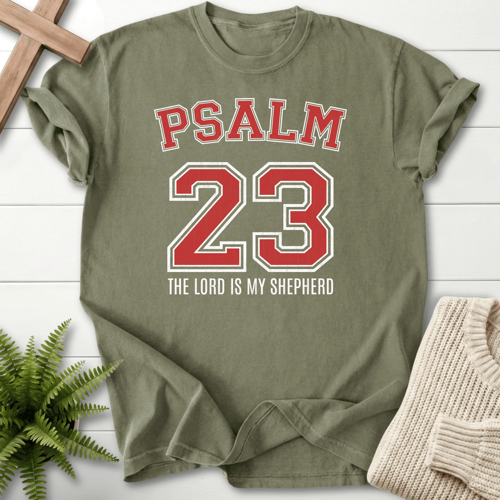 Sage women's Scripture shirt with varsity-style Psalm 23 and "The Lord is my Shepherd," inspired by Psalm 23.