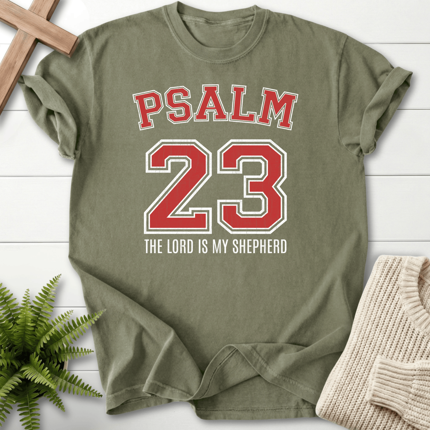Sage women's Scripture shirt with varsity-style Psalm 23 and "The Lord is my Shepherd," inspired by Psalm 23.