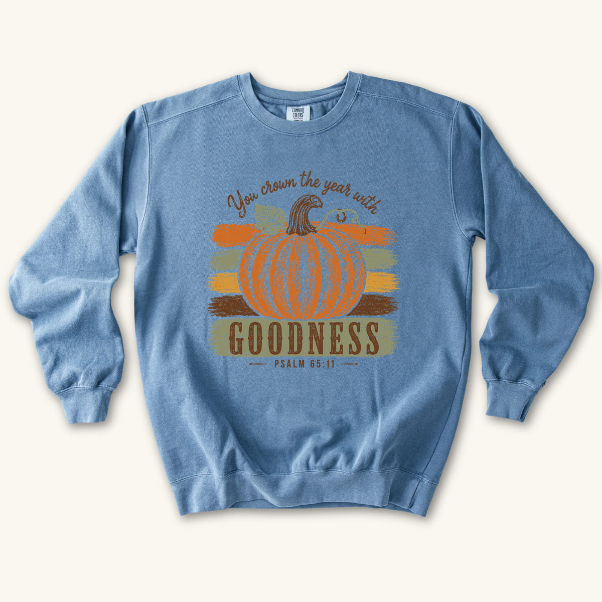 Blue Jean Pumpkin Goodness sweatshirt flat lay mockup, Psalm 65:11 Christian apparel for women