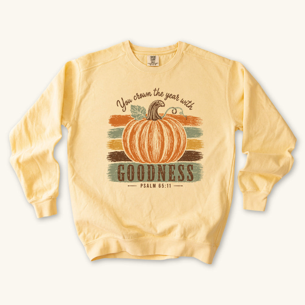 Butter Pumpkin Goodness sweatshirt flat lay mockup, Psalm 65:11 Christian apparel for women