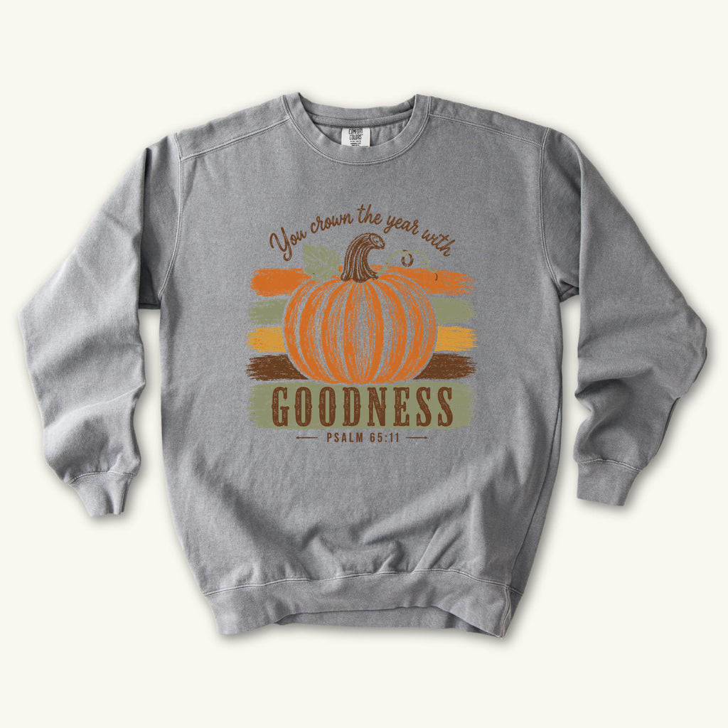 Grey Pumpkin Goodness sweatshirt flat lay mockup, Psalm 65:11 Christian apparel for women