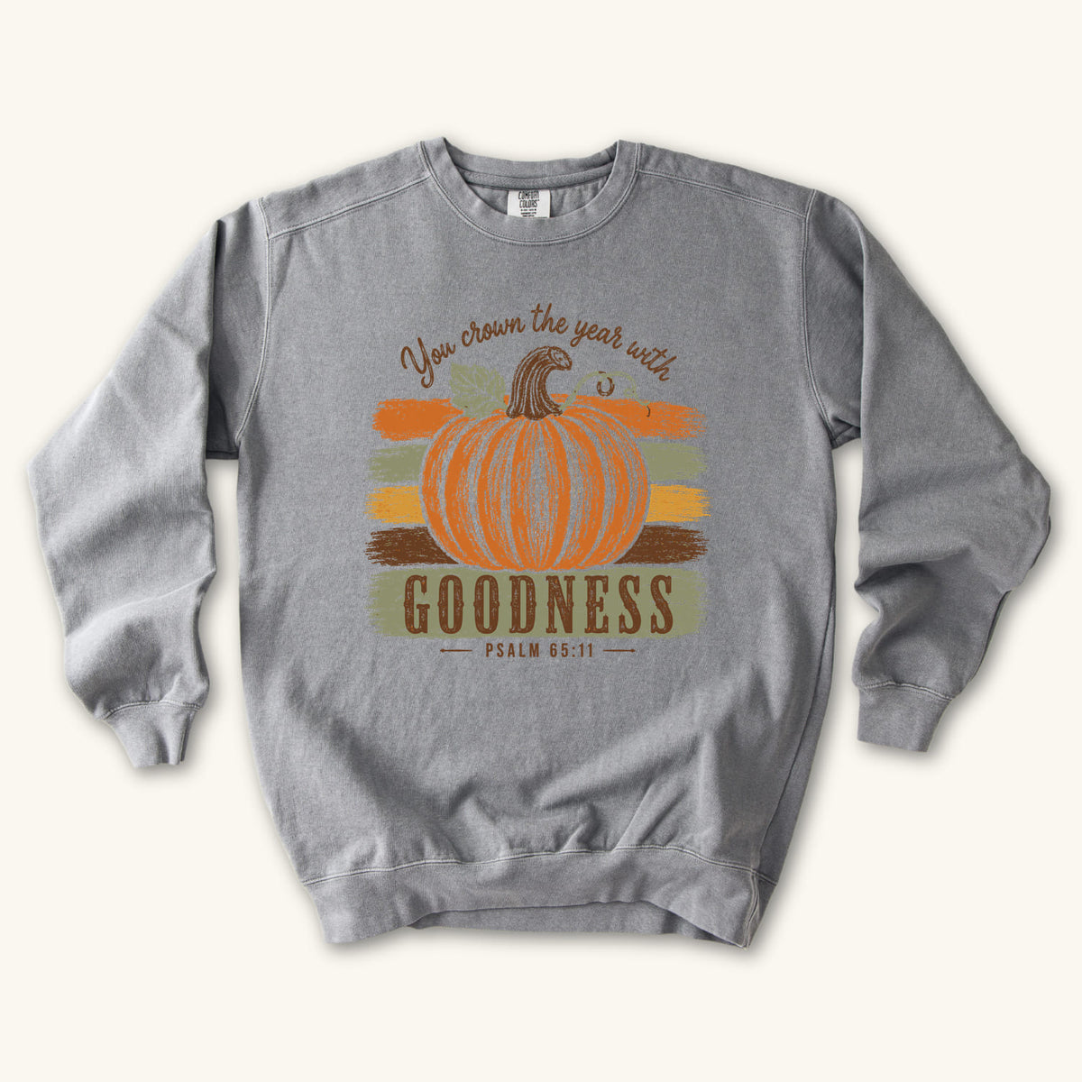Grey Pumpkin Goodness sweatshirt flat lay mockup, Psalm 65:11 Christian apparel for women