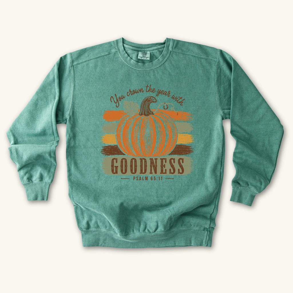 Light Green Pumpkin Goodness sweatshirt flat lay mockup, Psalm 65:11 Christian apparel for women