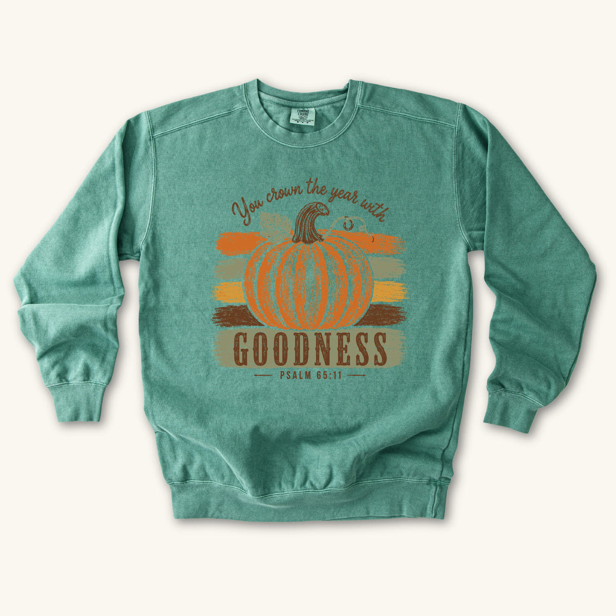 Light Green Pumpkin Goodness sweatshirt flat lay mockup, Psalm 65:11 Christian apparel for women