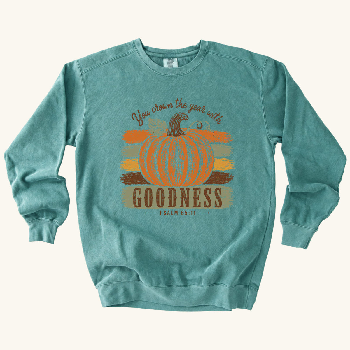 Seafoam Pumpkin Goodness sweatshirt flat lay mockup, Psalm 65:11 Christian apparel for women