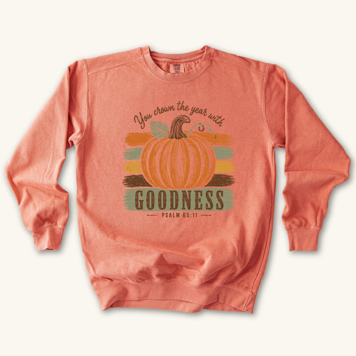 Terracotta Pumpkin Goodness sweatshirt flat lay mockup, Psalm 65:11 Christian apparel for women