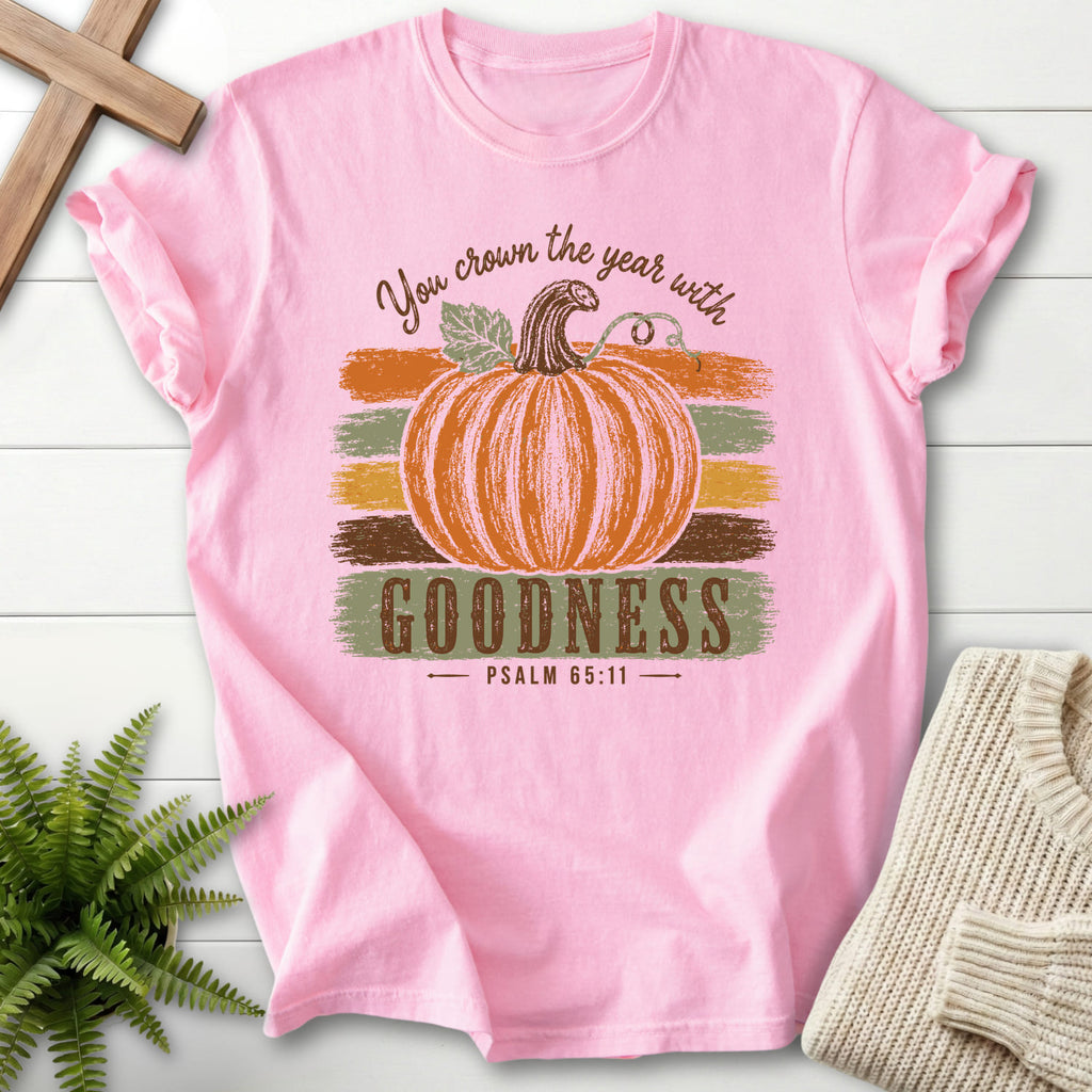 Flatlay of a Blossom Comfort Colors 1717 Christian graphic tee with "Pumpkin Goodness Psalm 65 11 Goodness T-Shirt" Psalm 65:11.