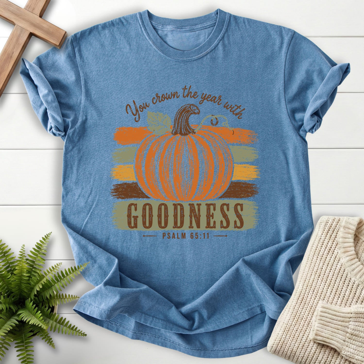 Blue Jean color option for the Pumpkin Goodness Psalm 65 11 Goodness women's Christian tee with "Pumpkin Goodness Psalm 65 11 Goodness T-Shirt" Psalm.