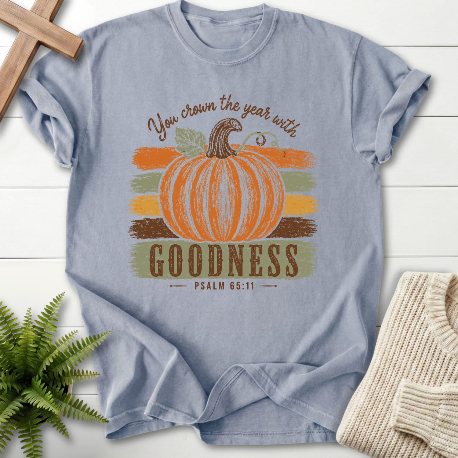 Flat lay of a Granite faith-inspired shirt featuring "Pumpkin Goodness Psalm 65 11 Goodness T-Shirt" Psalm 65:11.