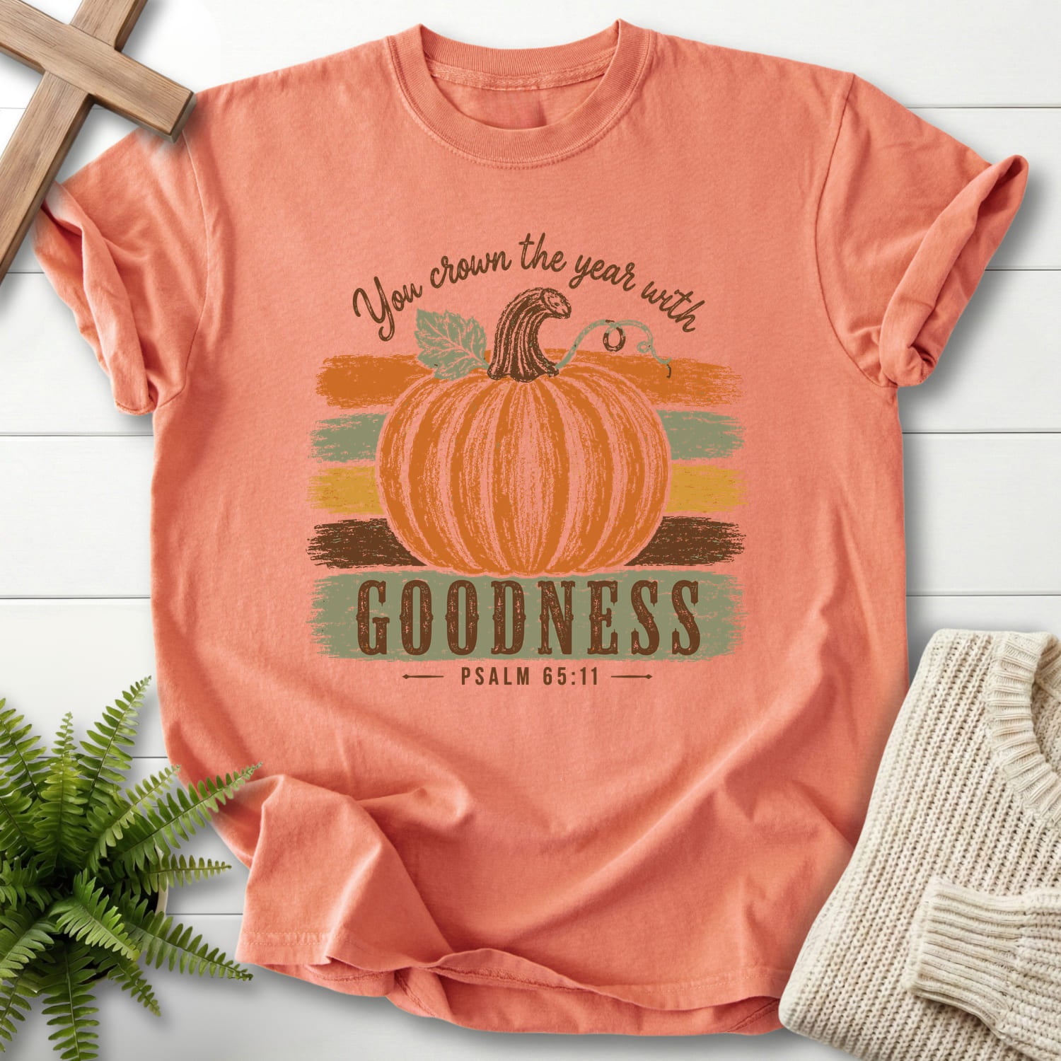 Terracotta color option for the Pumpkin Goodness Psalm 65 11 Goodness Christian t-shirt for women with "Pumpkin Goodness Psalm 65 11 Goodness T-Shirt.