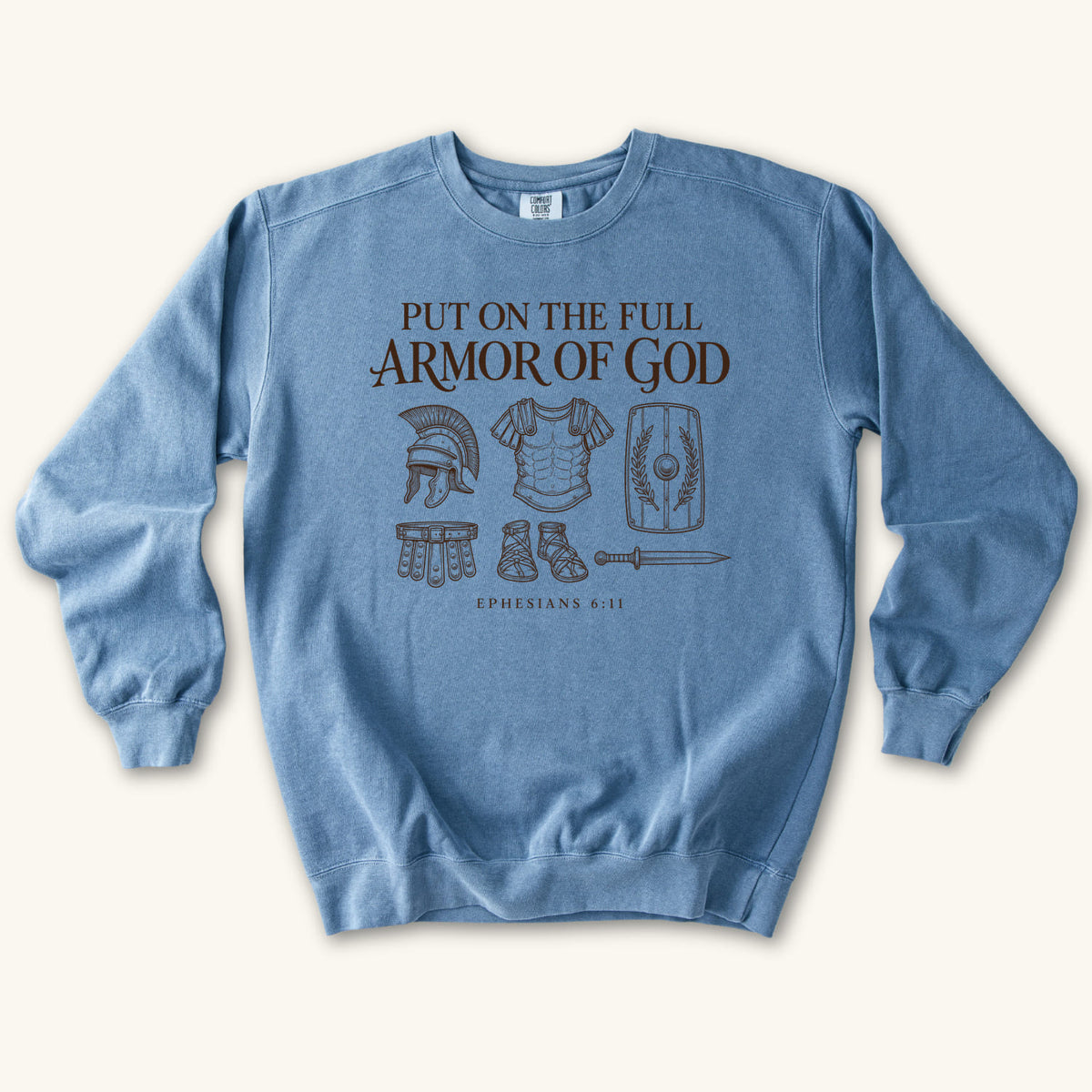 Blue Jean Put On the Full Armor of God sweatshirt flat lay mockup, Ephesians 6:11 Christian apparel for women