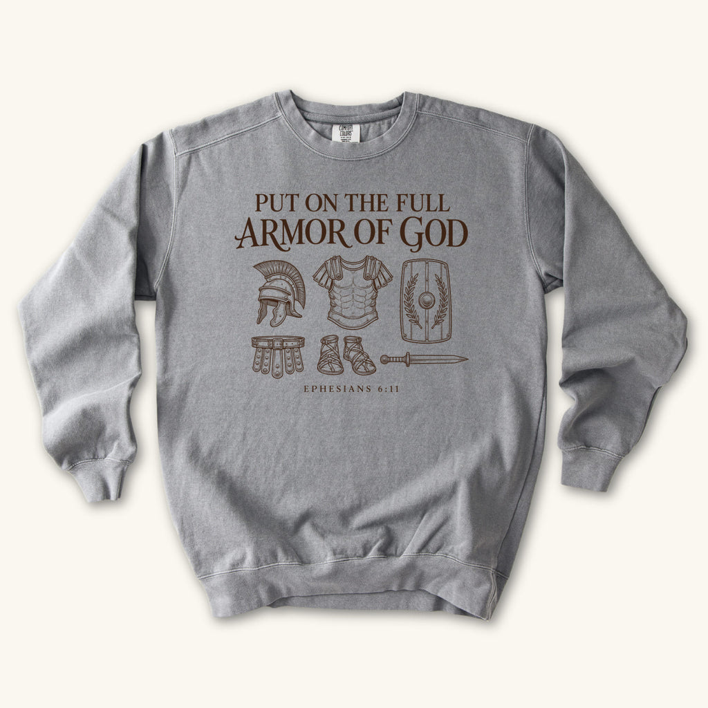 Grey Put On the Full Armor of God sweatshirt flat lay mockup, Ephesians 6:11 Christian apparel for women
