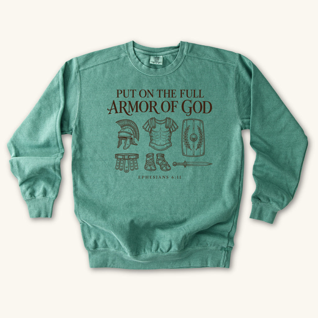 Light Green Put On the Full Armor of God sweatshirt flat lay mockup, Ephesians 6:11 Christian apparel for women