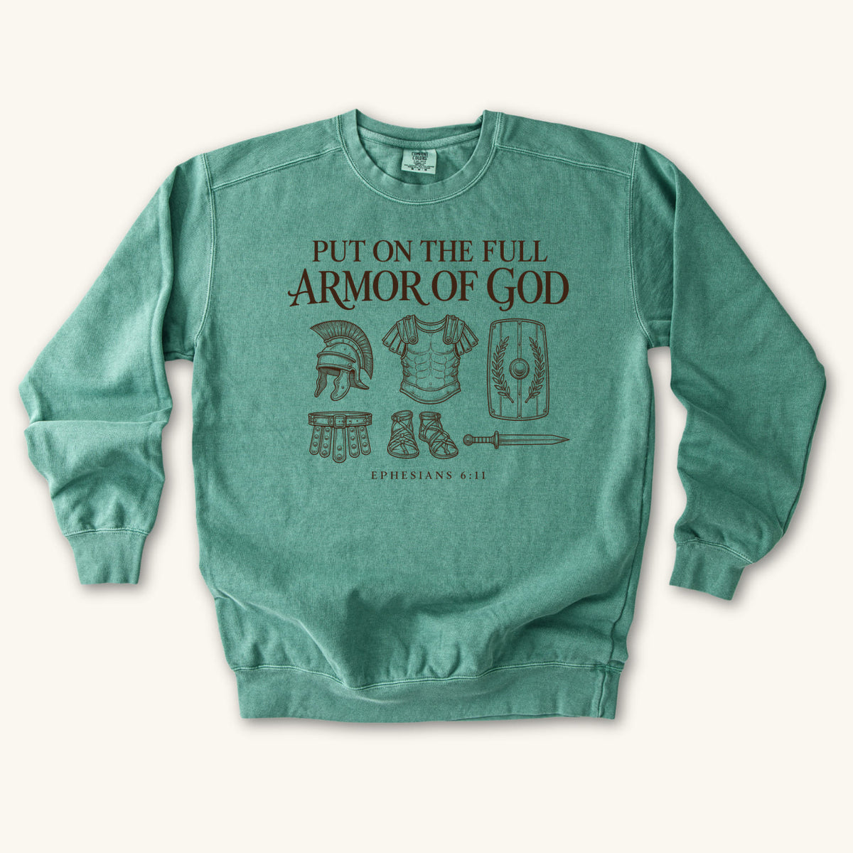 Light Green Put On the Full Armor of God sweatshirt flat lay mockup, Ephesians 6:11 Christian apparel for women