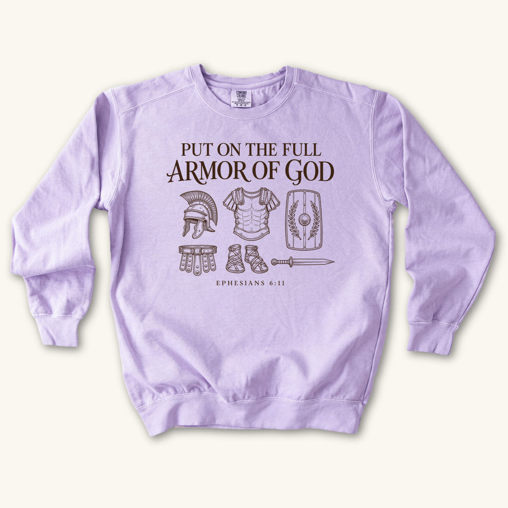 Orchid Put On the Full Armor of God sweatshirt flat lay mockup, Ephesians 6:11 Christian apparel for women