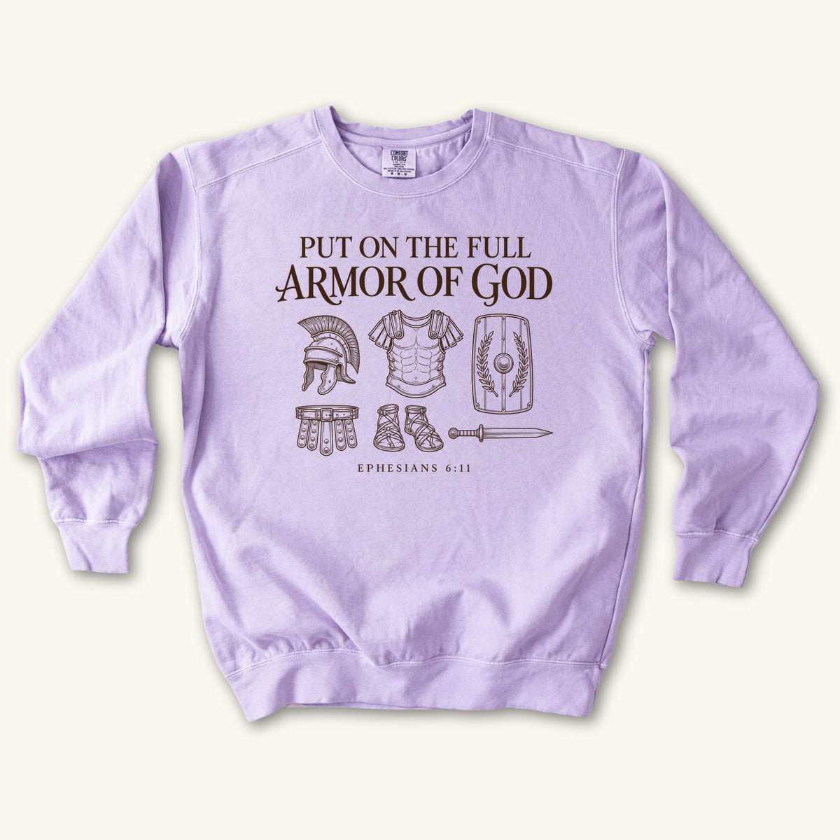 Orchid Put On the Full Armor of God sweatshirt flat lay mockup, Ephesians 6:11 Christian apparel for women