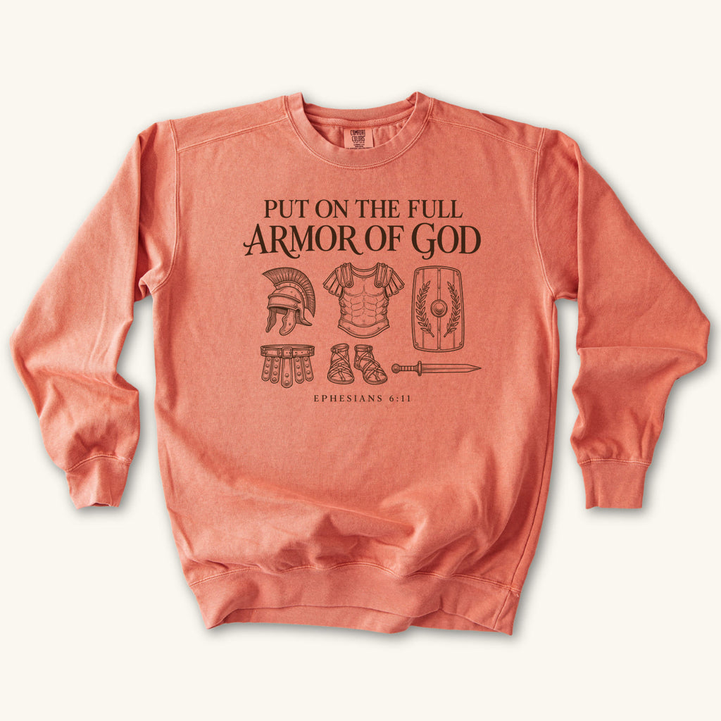 Terracotta Put On the Full Armor of God sweatshirt flat lay mockup, Ephesians 6:11 Christian apparel for women
