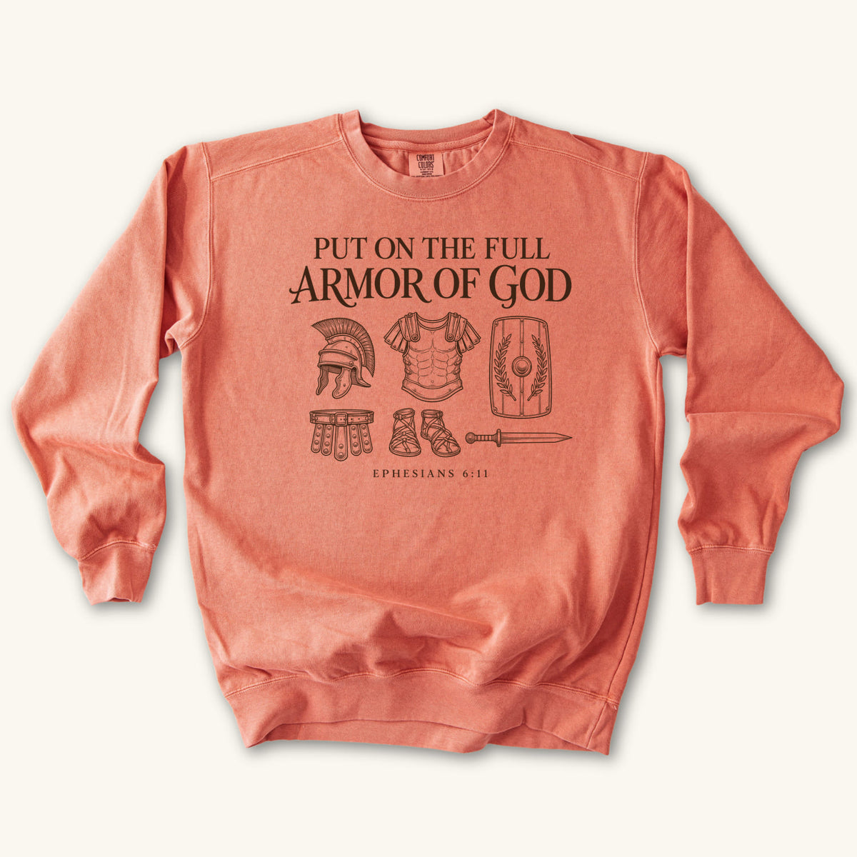 Terracotta Put On the Full Armor of God sweatshirt flat lay mockup, Ephesians 6:11 Christian apparel for women