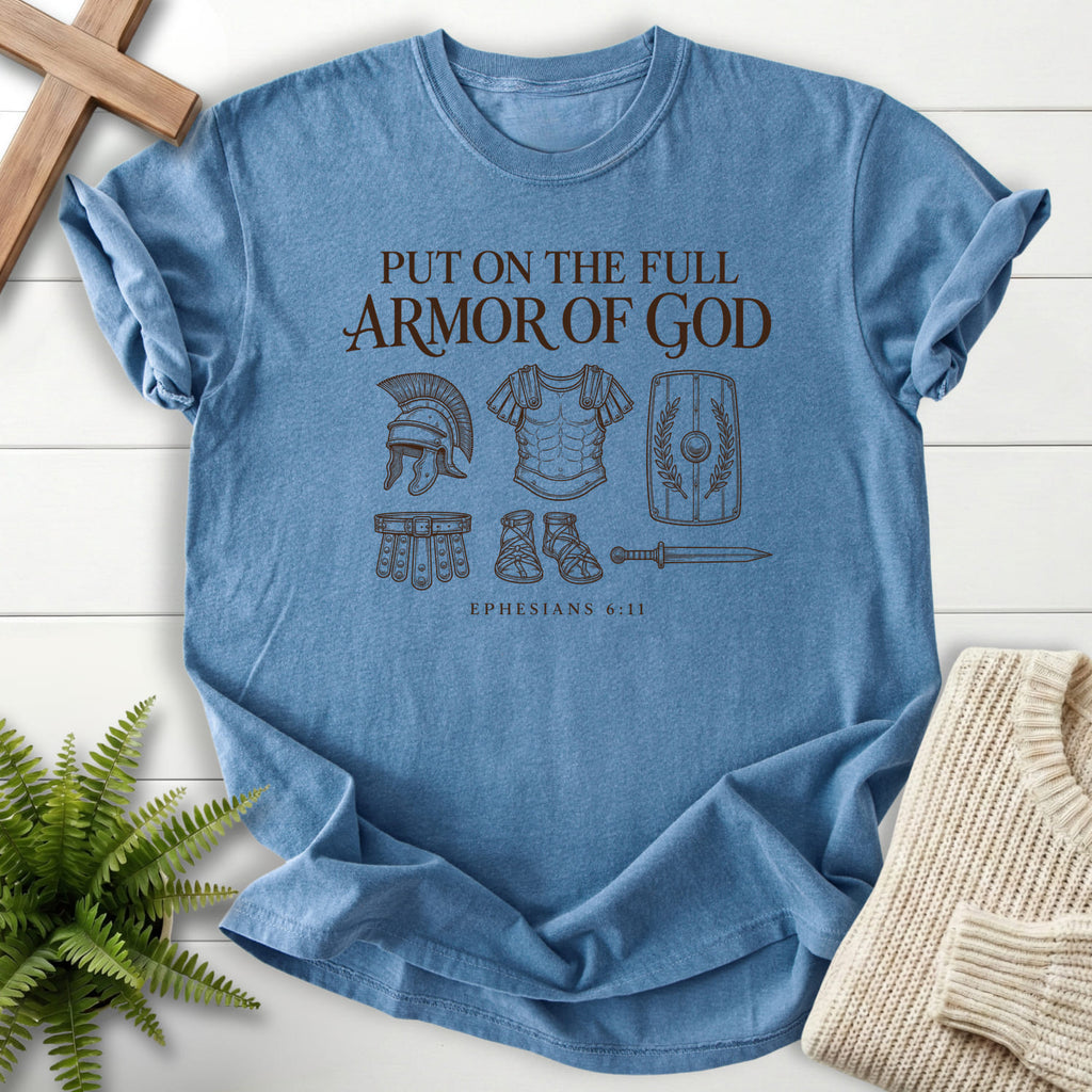 Blue Jean Put On the Full Armor of God T-shirt flat lay mockup, Ephesians 6:11 Christian apparel for women