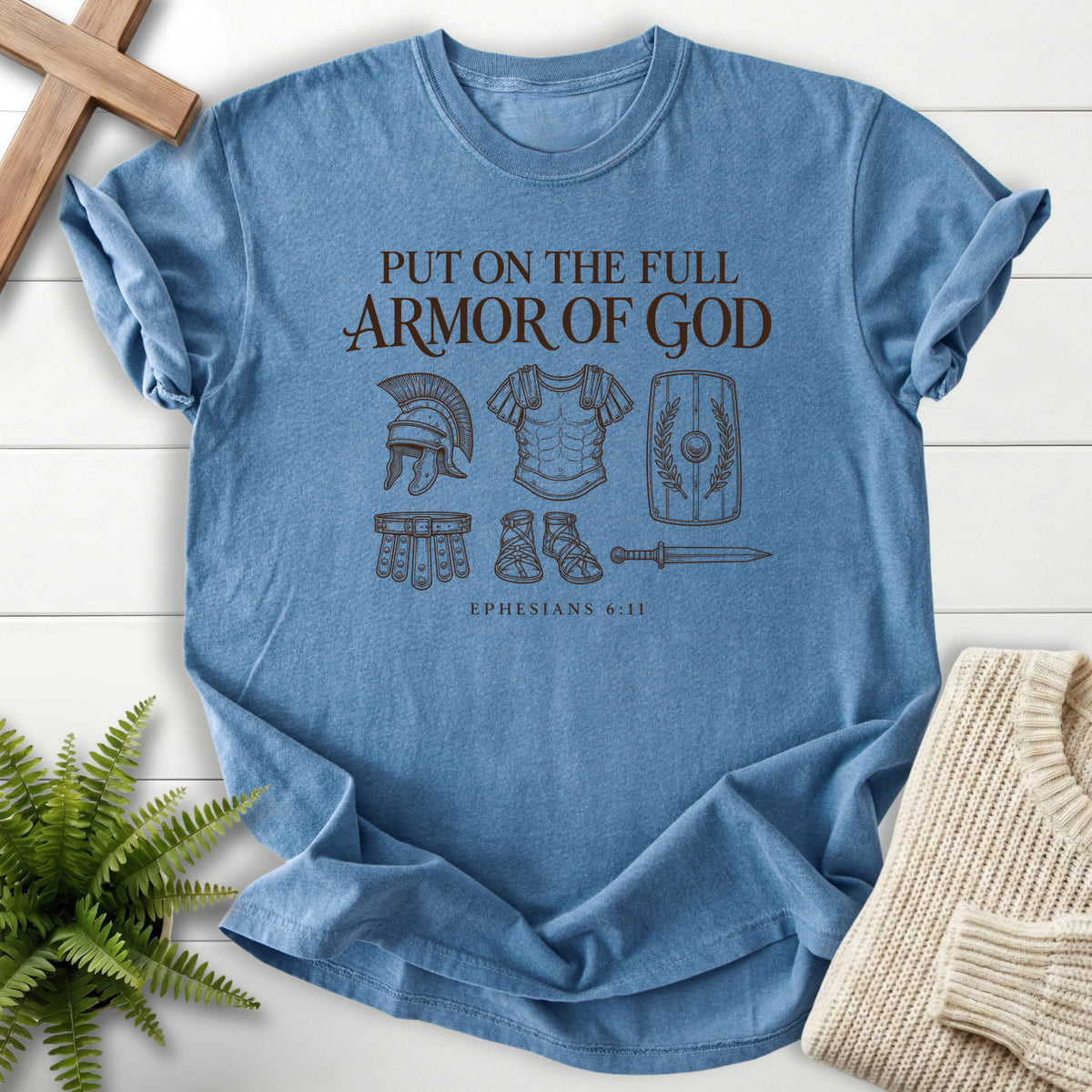 Blue Jean Put On the Full Armor of God T-shirt flat lay mockup, Ephesians 6:11 Christian apparel for women