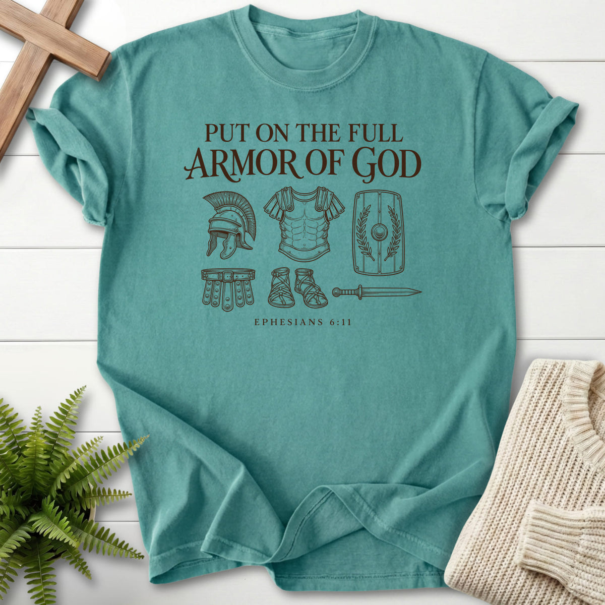 Chalky Mint Put On the Full Armor of God T-shirt flat lay mockup, Ephesians 6:11 Christian apparel for women