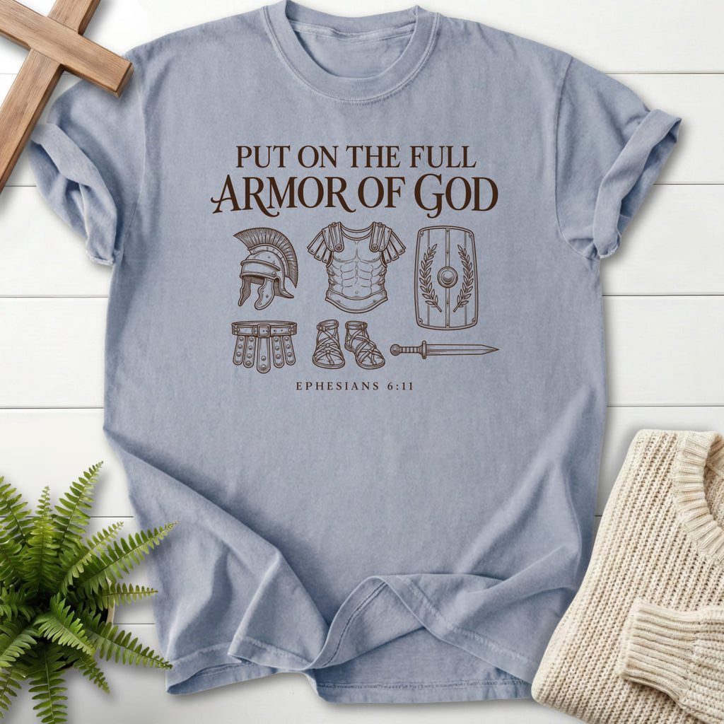 Granite Put On the Full Armor of God T-shirt flat lay mockup, Ephesians 6:11 Christian apparel for women
