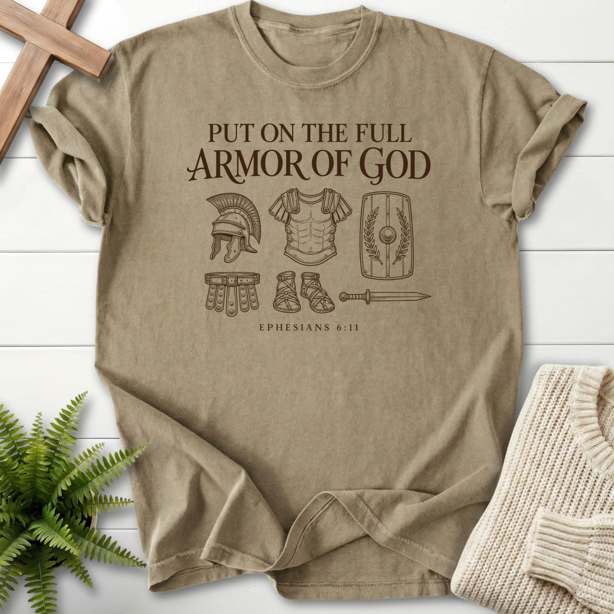Khaki Put On the Full Armor of God T-shirt flat lay mockup, Ephesians 6:11 Christian apparel for women