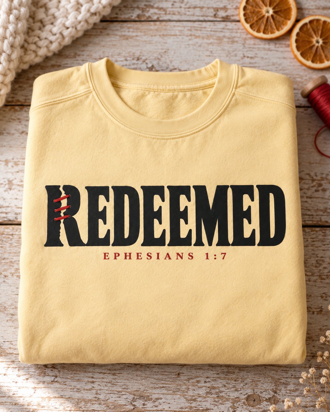 Redeemed Ephesians 1:7, Butter women's Christian sweatshirt, lifestyle photo in folded flat lay, Bold REDEEMED lettering with a red stitched mark on the R, She Wears Faith