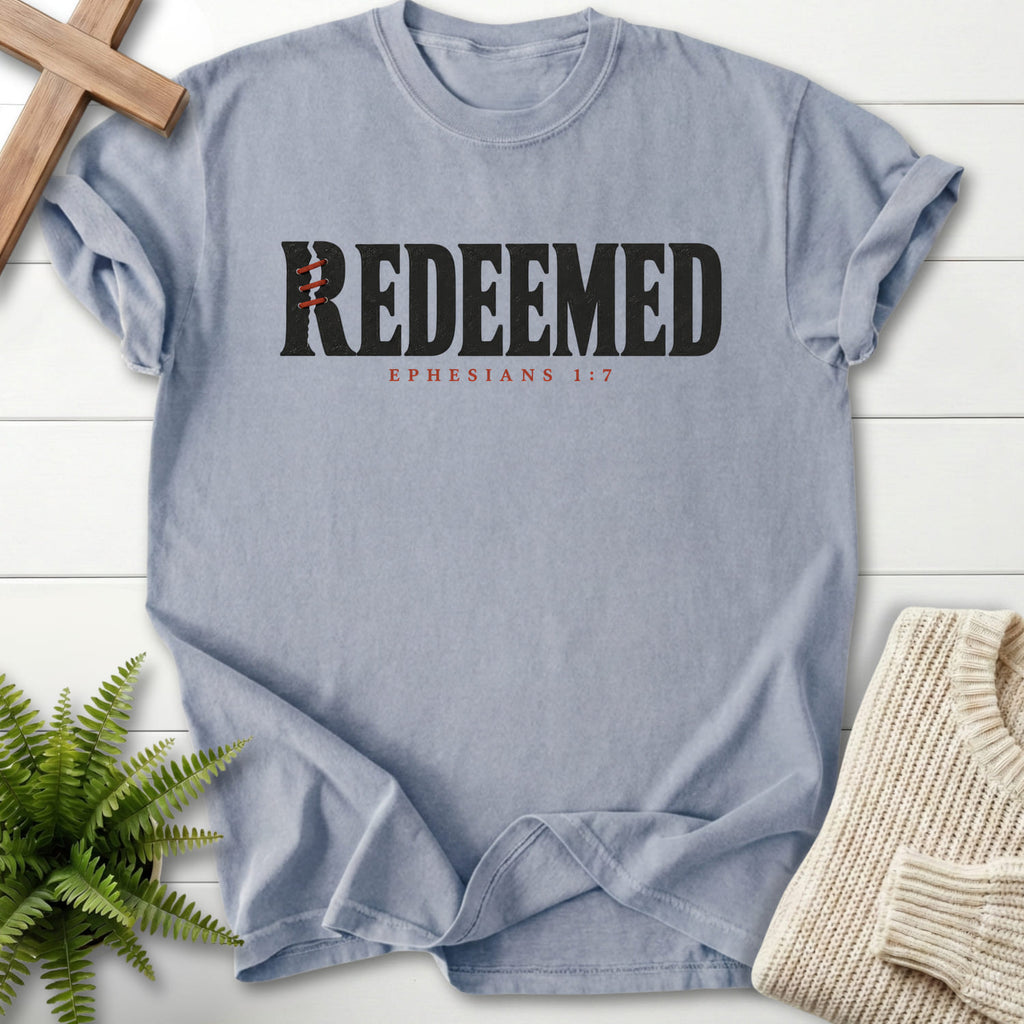 Granite Redeemed T-shirt flat lay mockup, Ephesians 1:7 Christian apparel for women