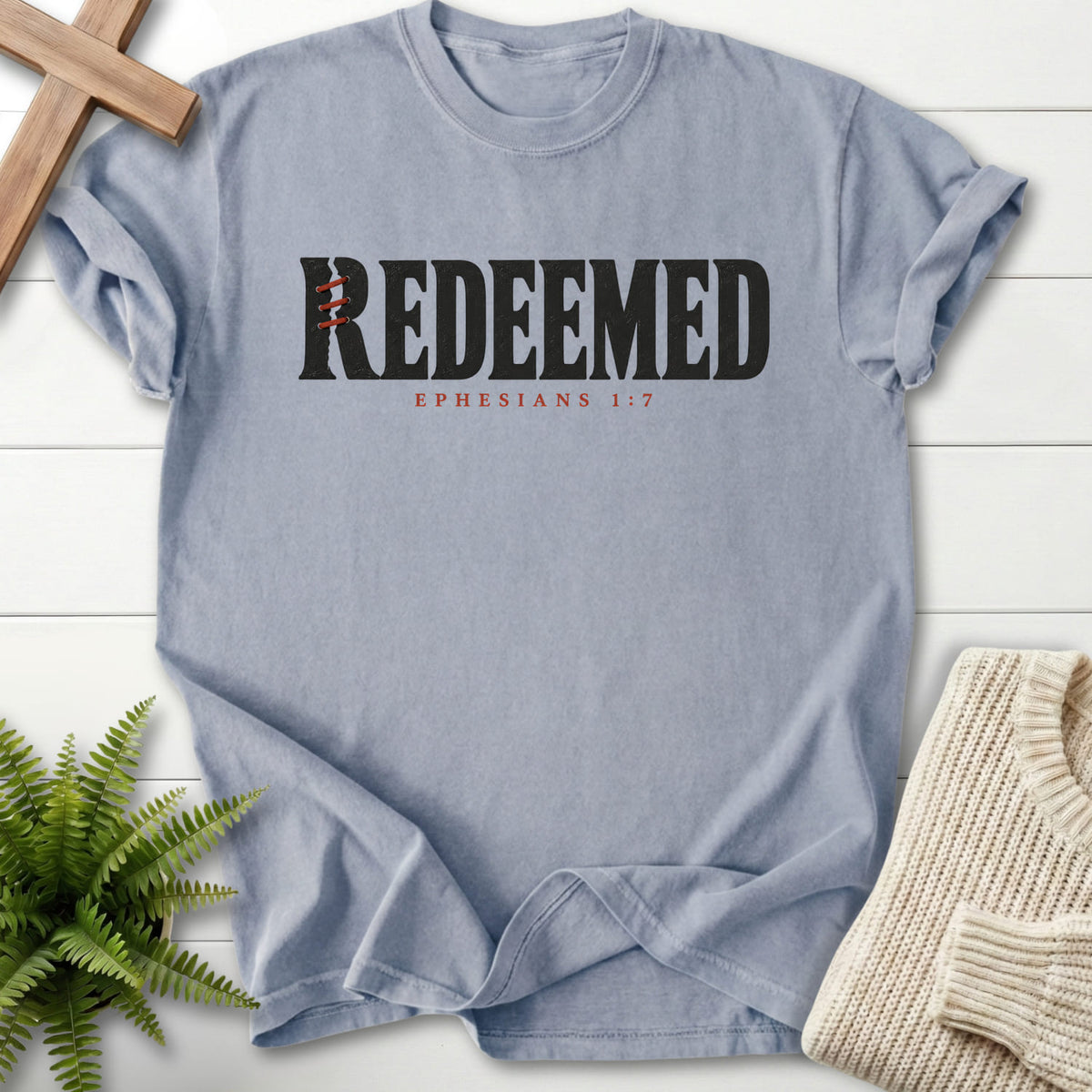 Granite Redeemed T-shirt flat lay mockup, Ephesians 1:7 Christian apparel for women