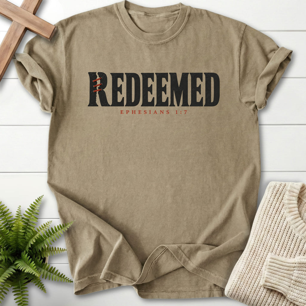 Khaki Redeemed T-shirt flat lay mockup, Ephesians 1:7 Christian apparel for women