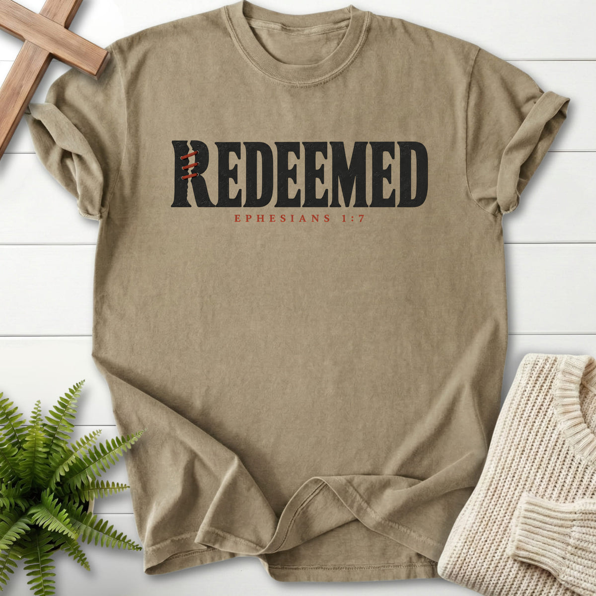 Khaki Redeemed T-shirt flat lay mockup, Ephesians 1:7 Christian apparel for women
