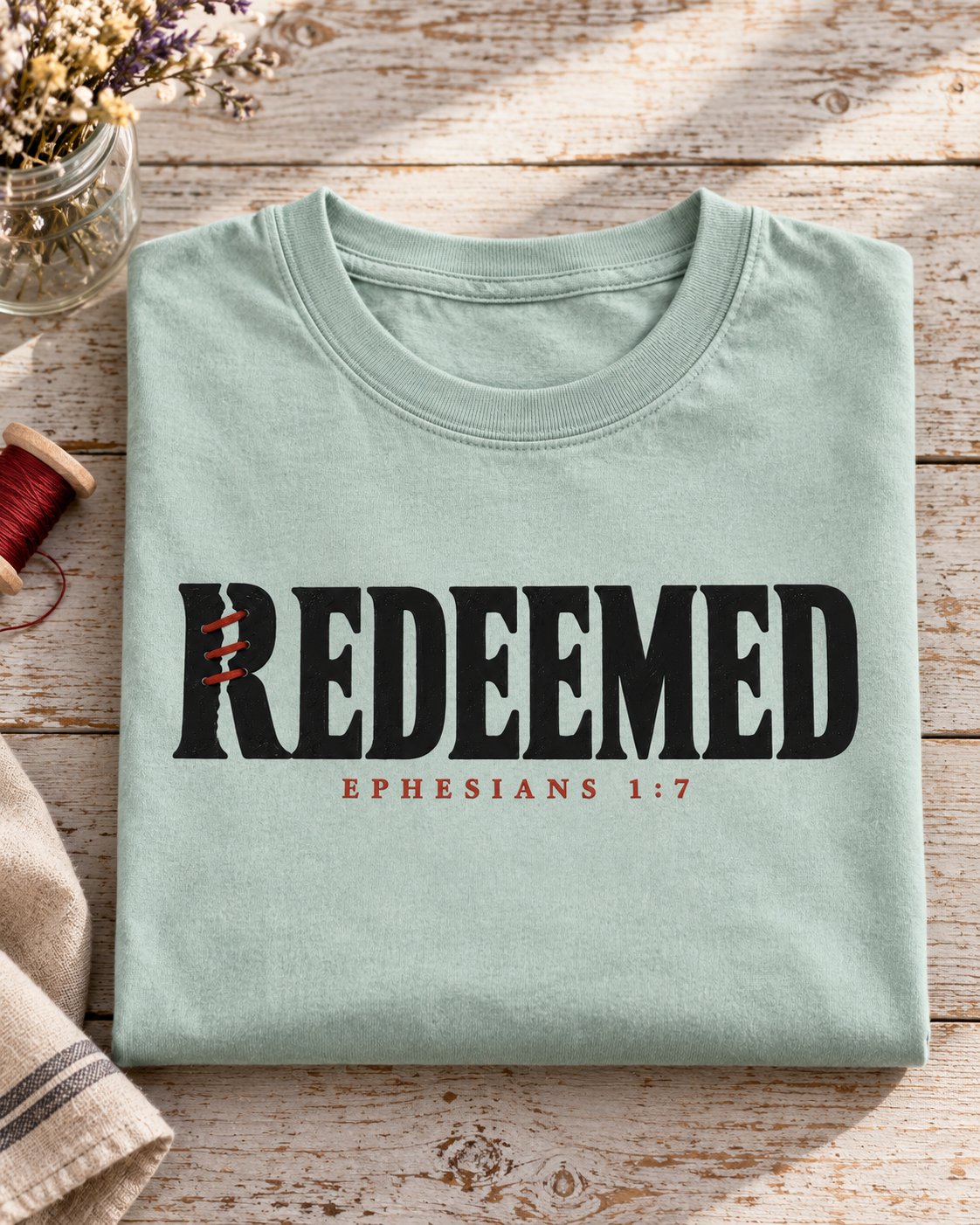 Redeemed Ephesians 1:7, Bay women's Christian tee, lifestyle photo in folded flat lay, Bold REDEEMED lettering with a red stitched mark on the R, She Wears Faith