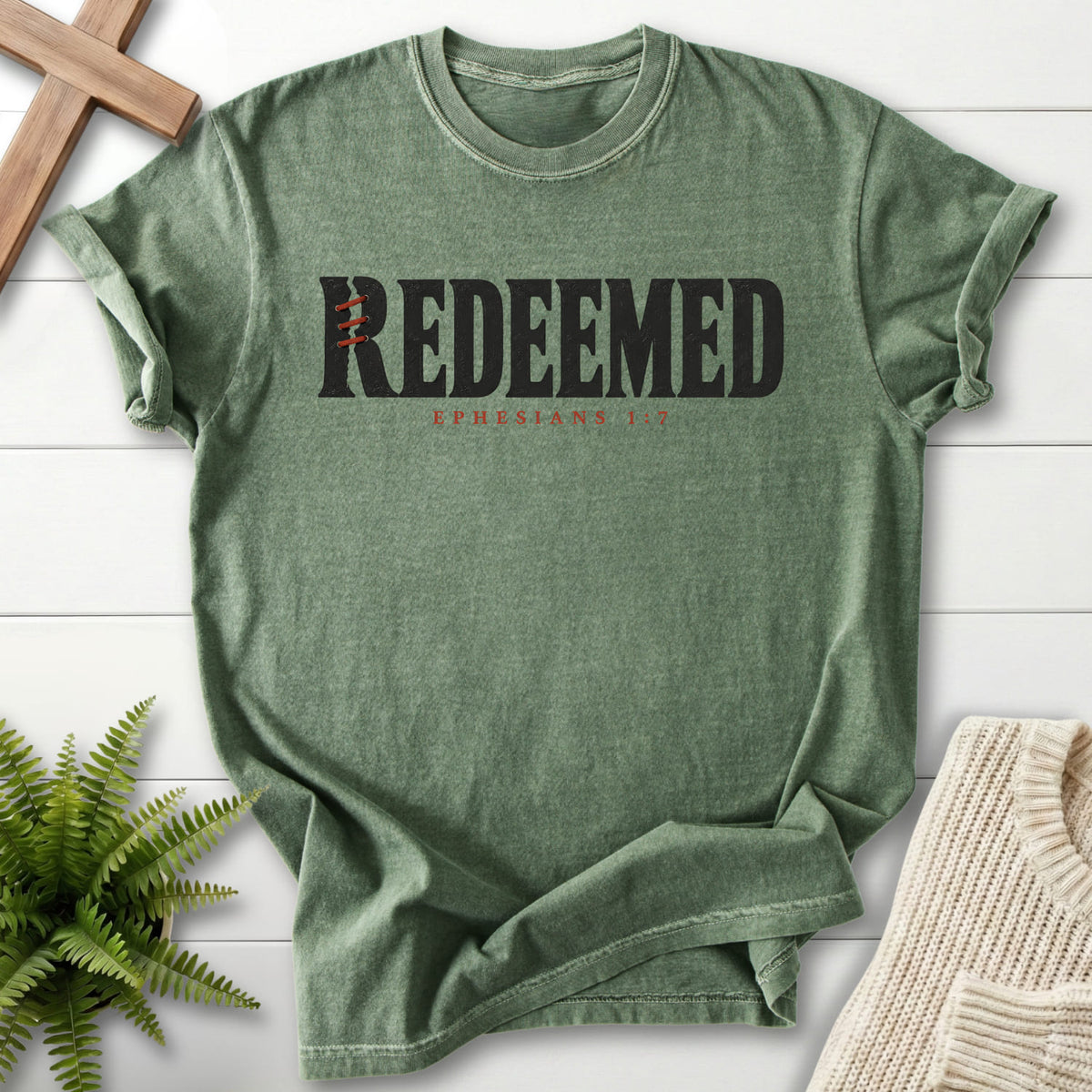 Moss Redeemed T-shirt flat lay mockup, Ephesians 1:7 Christian apparel for women