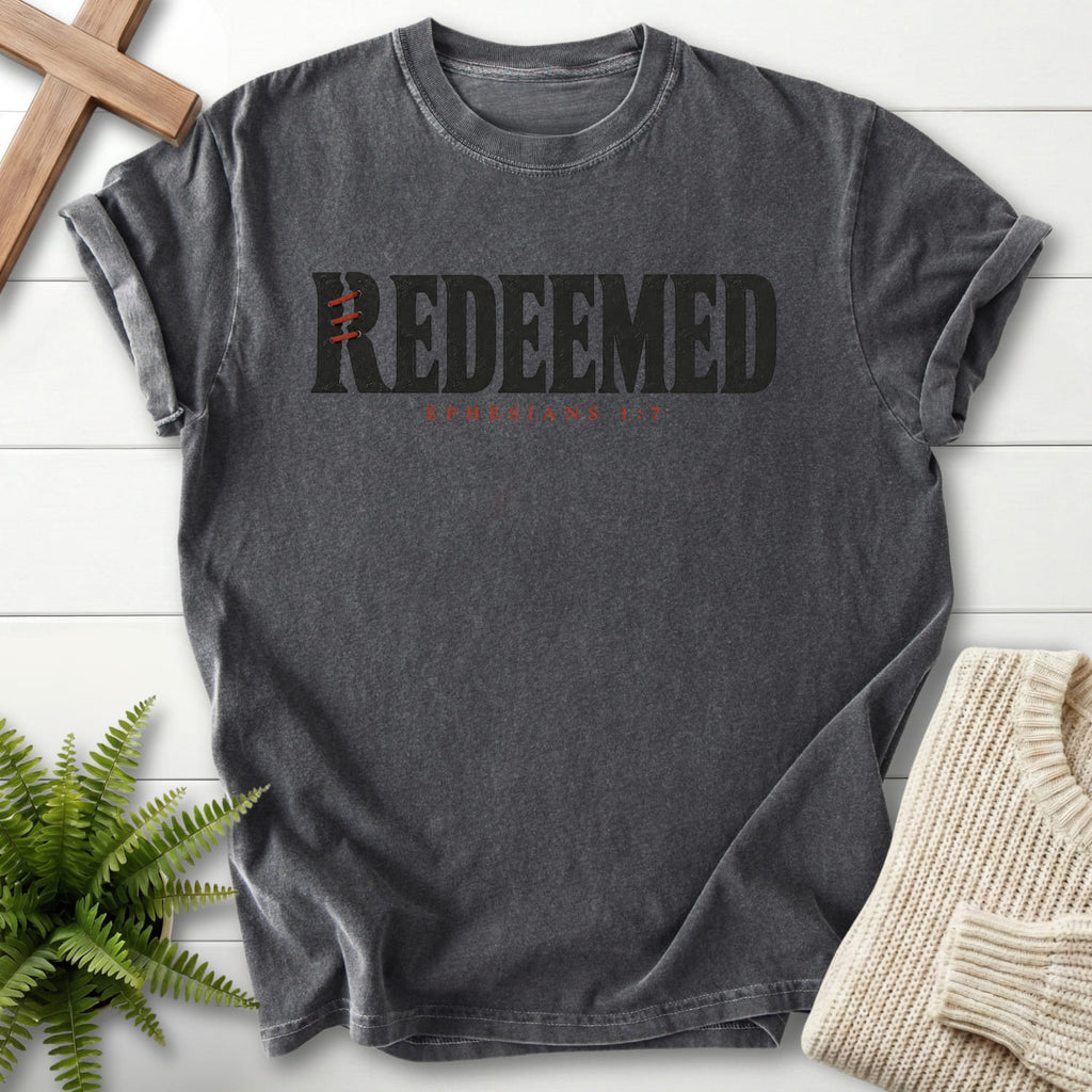 Pepper Redeemed T-shirt flat lay mockup, Ephesians 1:7 Christian apparel for women