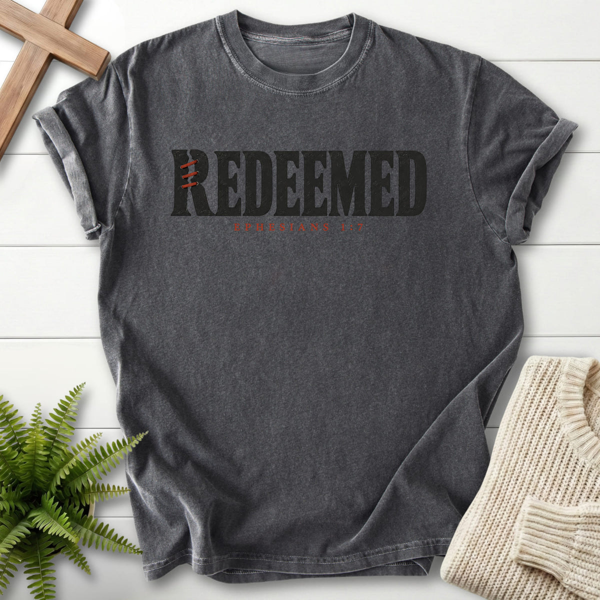 Pepper Redeemed T-shirt flat lay mockup, Ephesians 1:7 Christian apparel for women