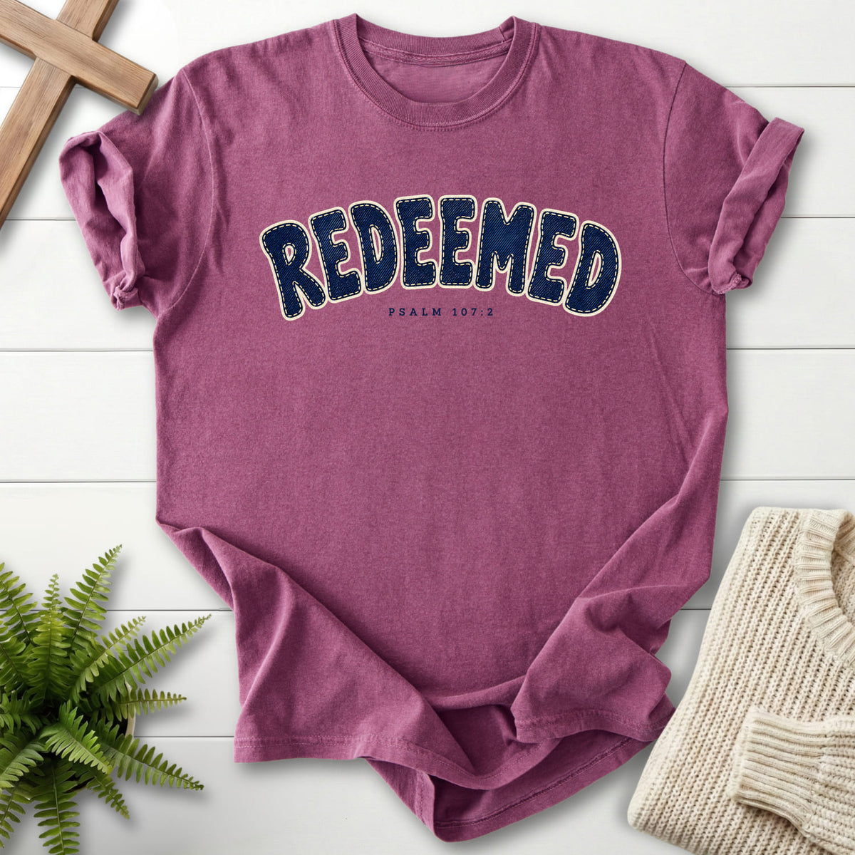 Berry Redeemed T-shirt flat lay mockup, Psalm 107:2 Christian apparel for women