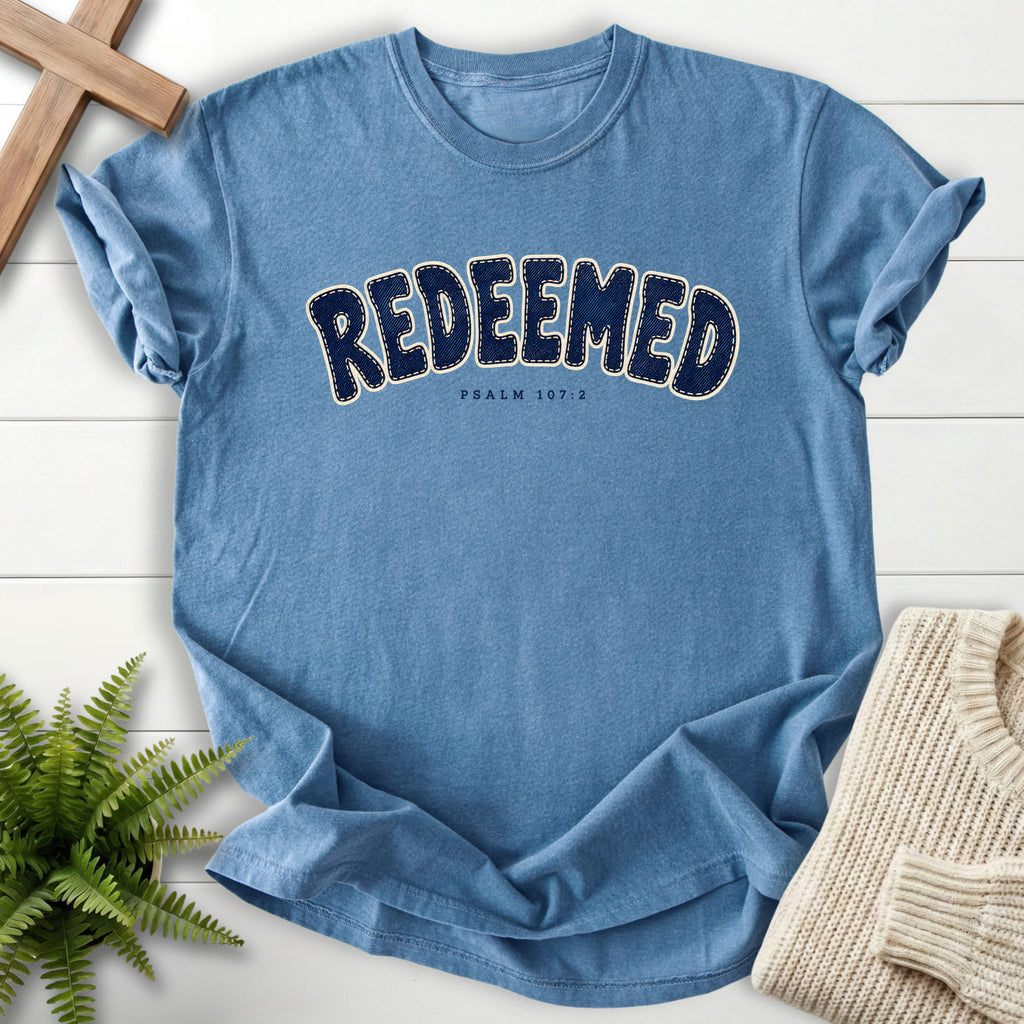 Blue Jean Redeemed T-shirt flat lay mockup, Psalm 107:2 Christian apparel for women