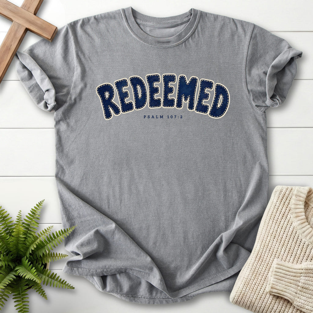 Grey Redeemed T-shirt flat lay mockup, Psalm 107:2 Christian apparel for women