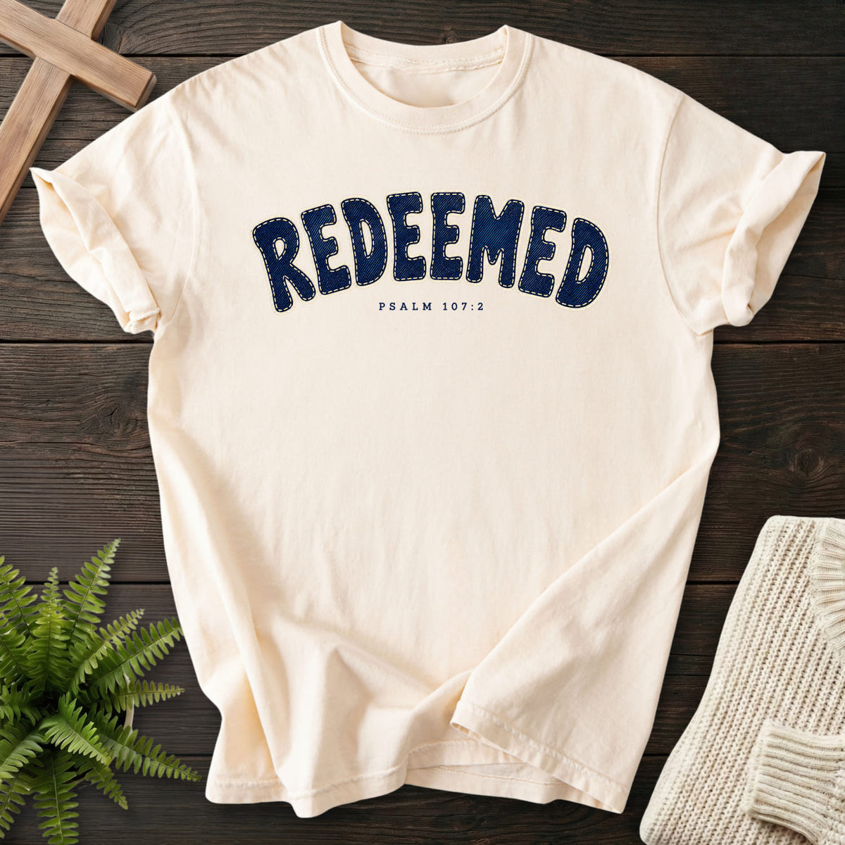 Ivory Redeemed T-shirt flat lay mockup, Psalm 107:2 Christian apparel for women