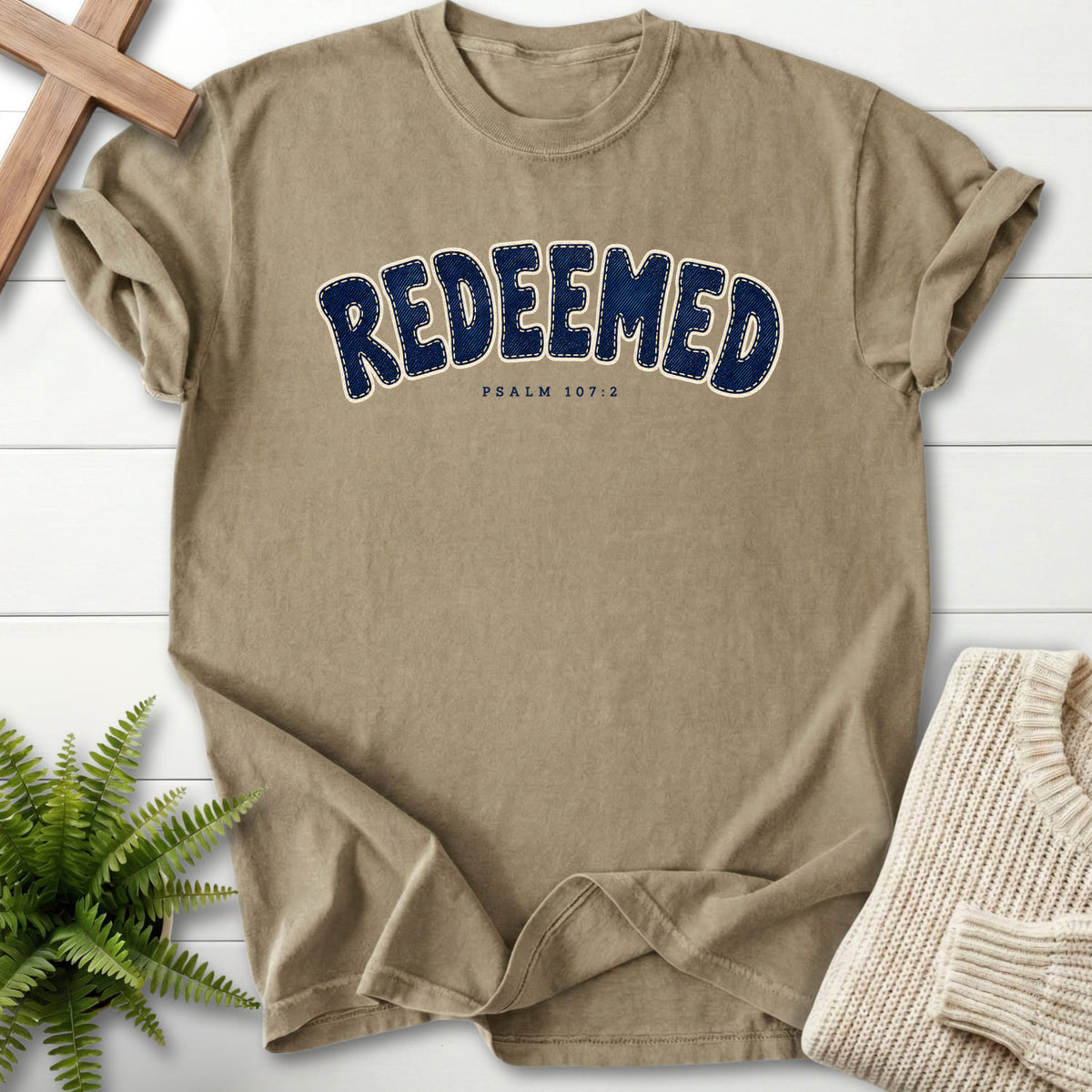 Khaki Redeemed T-shirt flat lay mockup, Psalm 107:2 Christian apparel for women